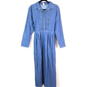 Vintage 90s MASS Denim Dress Cottagecore Long Sleeve Large Rhinestone Studded